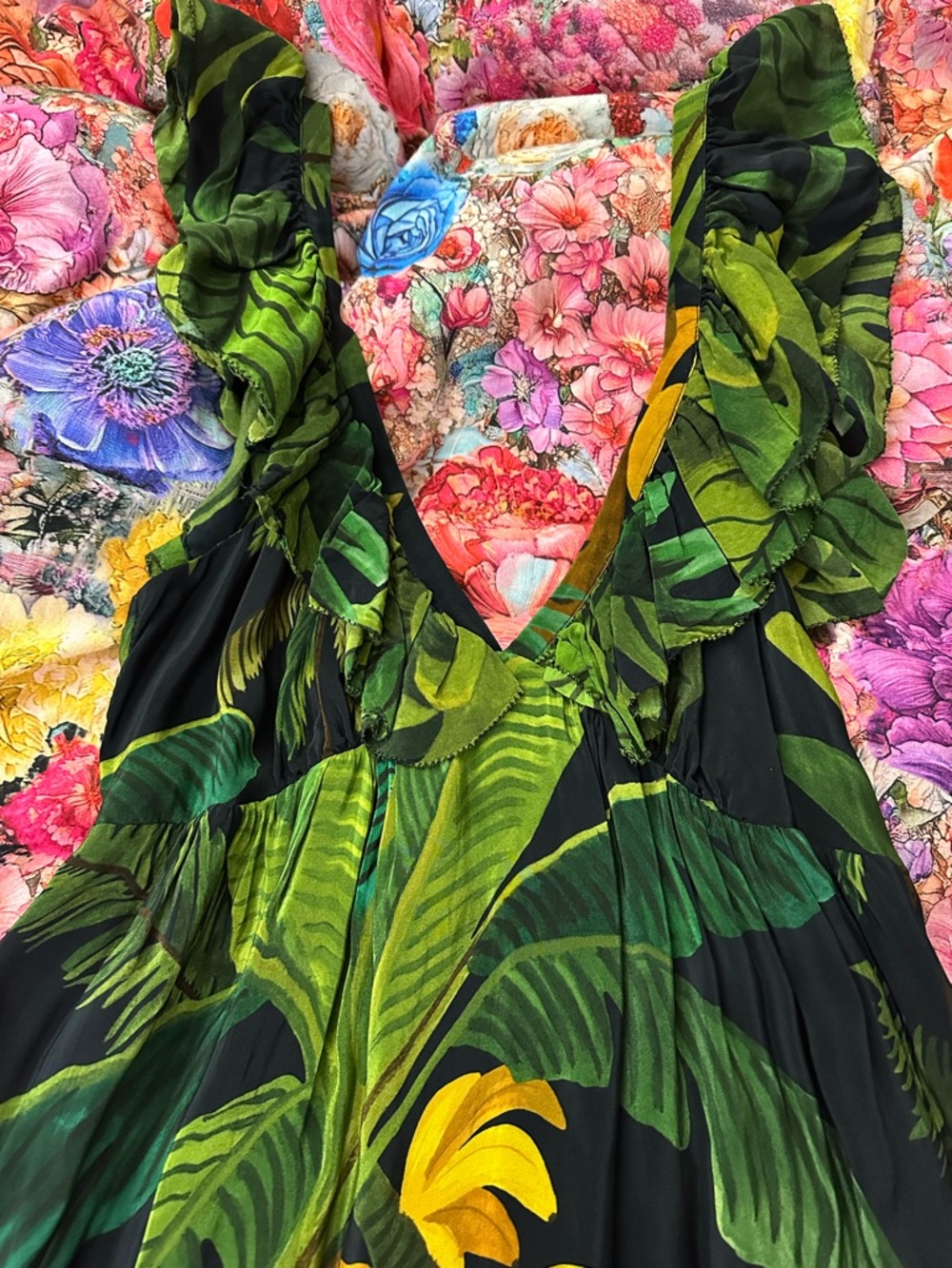 FARM Rio Black Maxi Dress with Green & Red Tropical Leaves - Picture 9 of 10